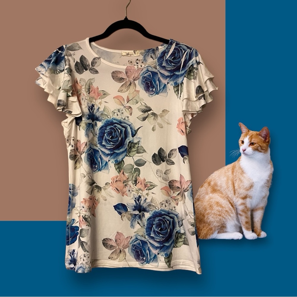 Gaze USA White w/Blue/Pink/Green Floral Print Top - Picture 3 of 10